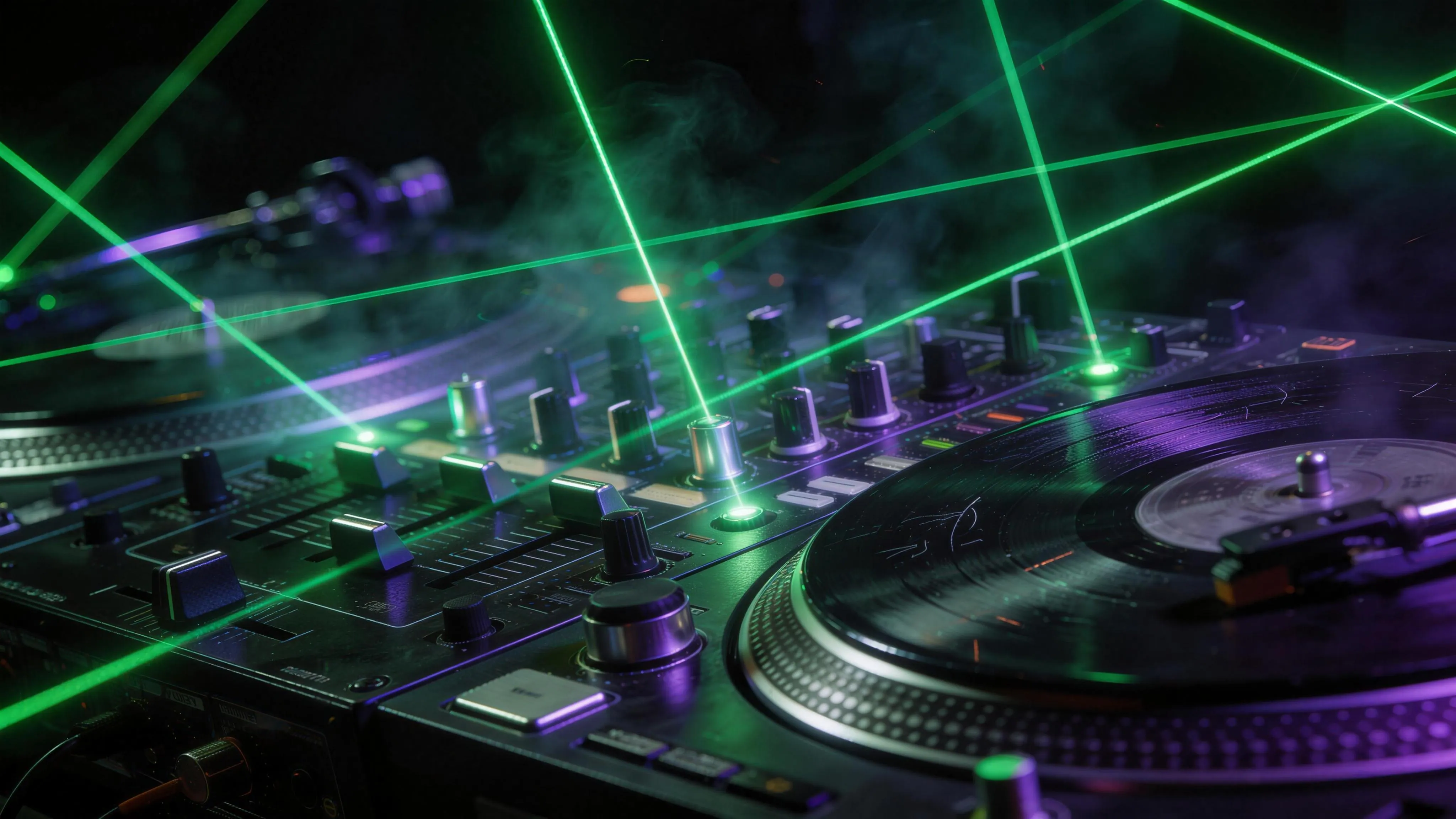 DJ decks mid-set, green lasers cutting through the dark