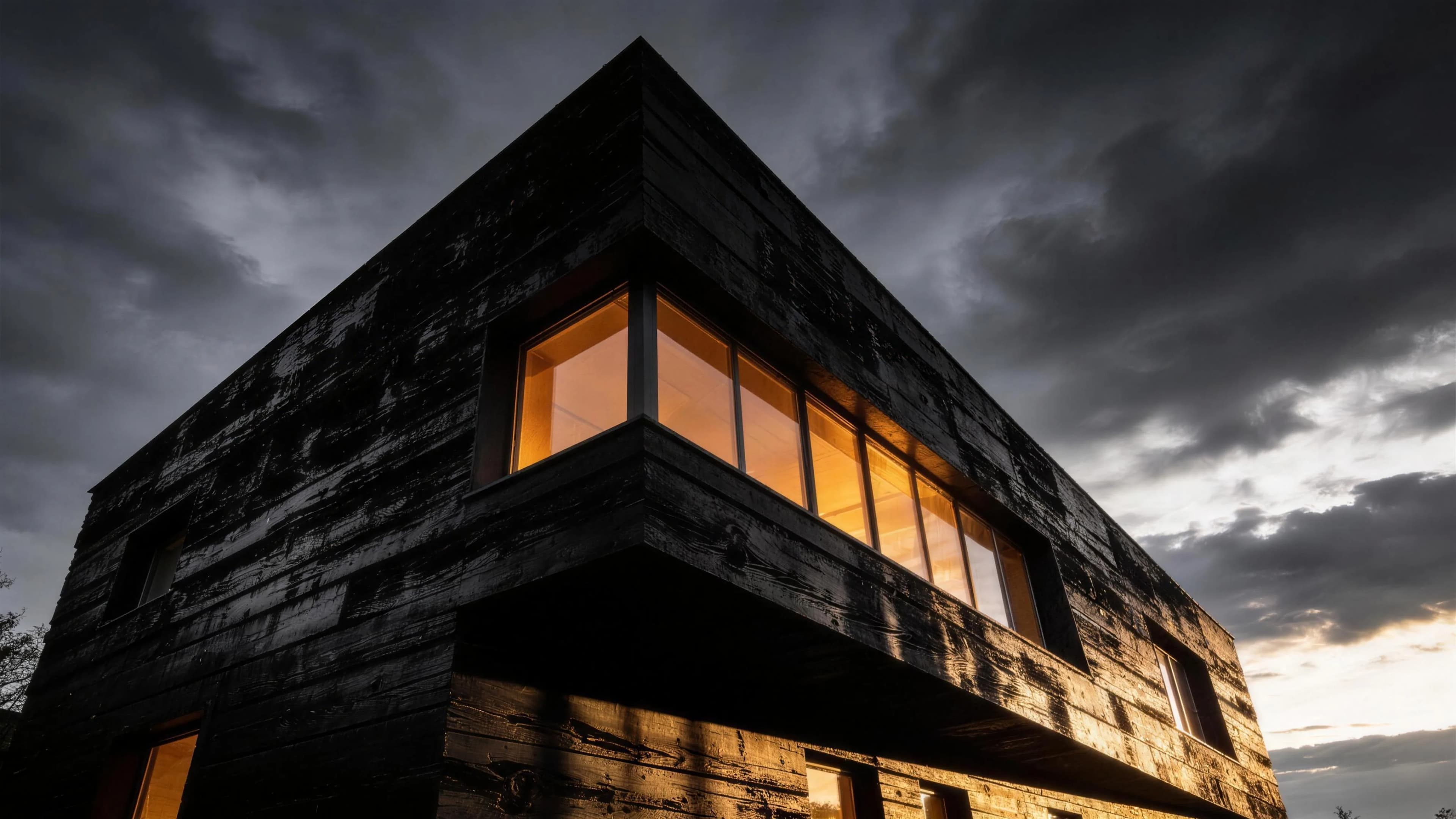 A black-clad angular modern house under a breaking storm sky, windows glowing